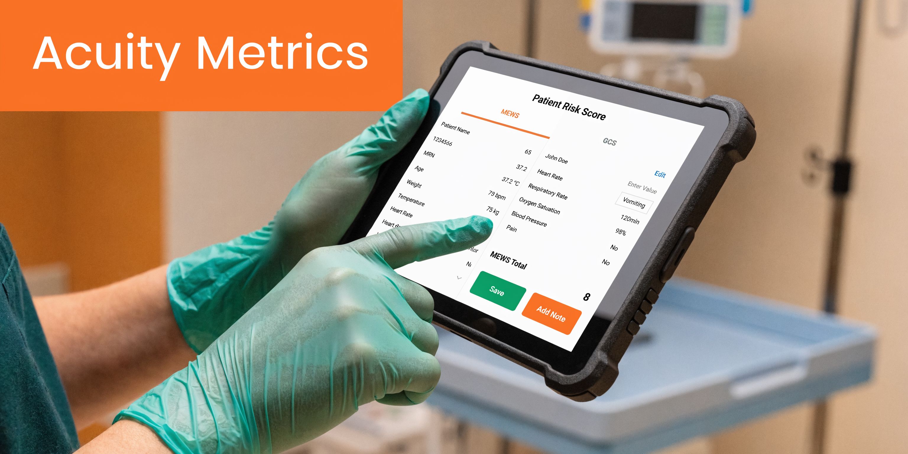 A healthcare worker wearing green gloves uses a tablet to review a patient's risk score data.