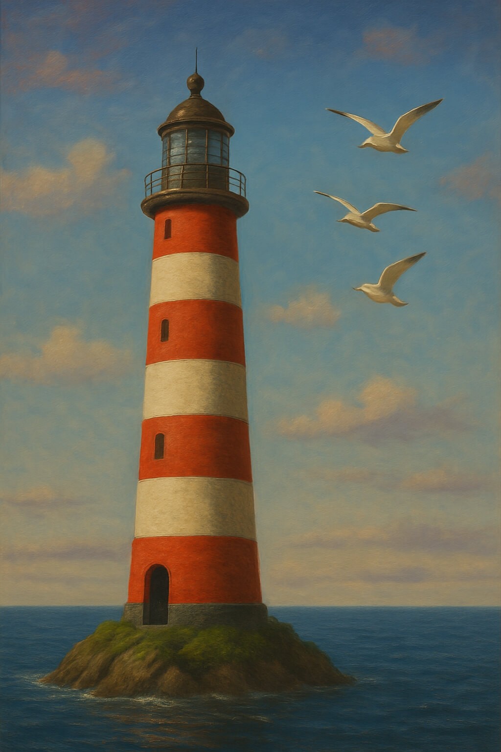 Whimsical painting of a red-and-white lighthouse on an island — visualizing Ana Friedrikhson’s dream of creating a retreat space for adults.