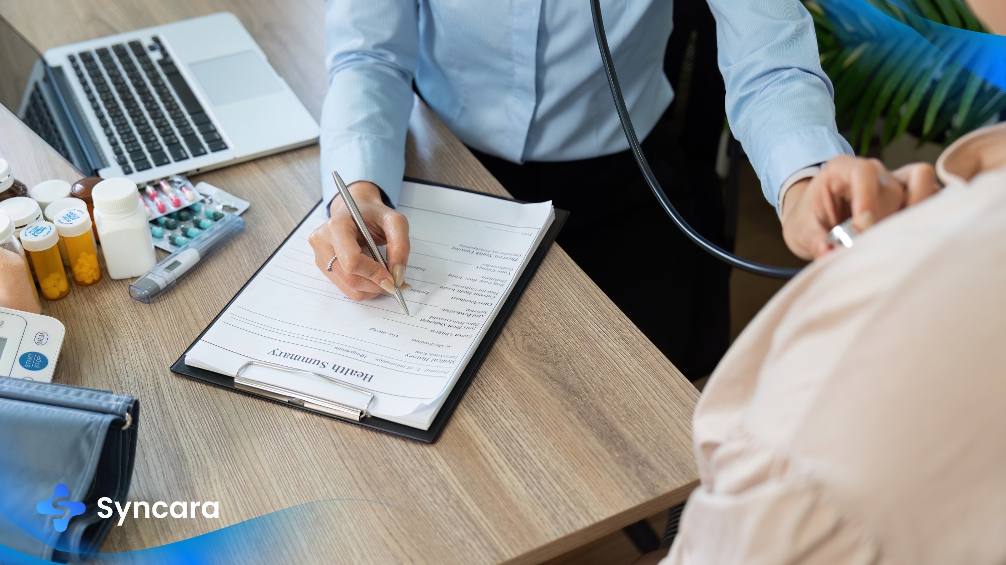Doctor filling out medical record for an ill patient