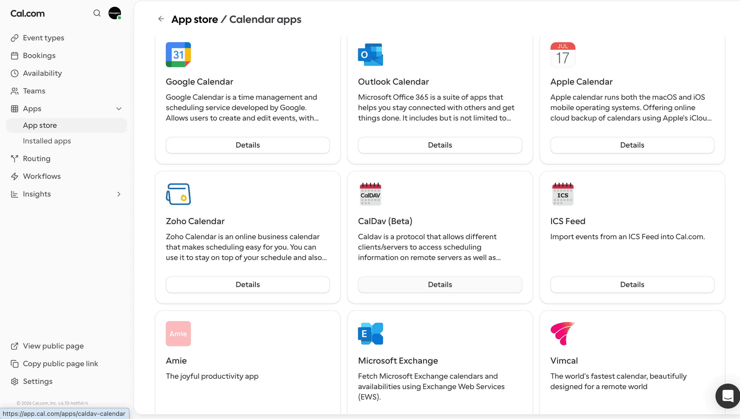 Cal.com integrations page showing connected calendars