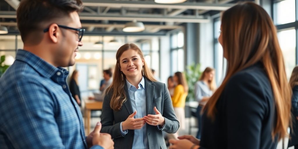 Professional networking in a bright office setting.