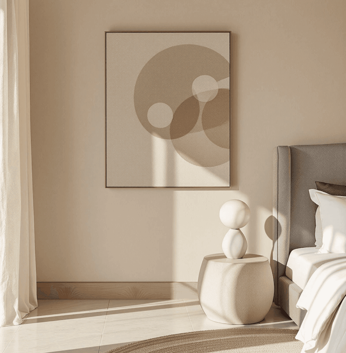 "inimalist bedroom corner with abstract wall art, soft lighting, and neutral tones