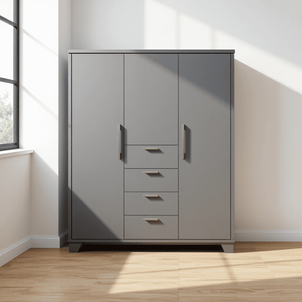 product photography of a modern storage cabinet with drawers and doors, suitable for home or office use