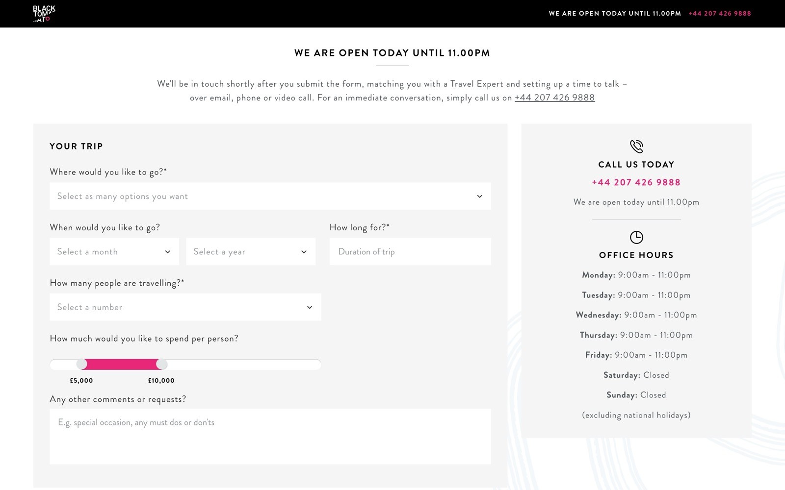 Black Tomato contact page with form fields for trip details and budget. Contact phone number and office hours displayed on the right.