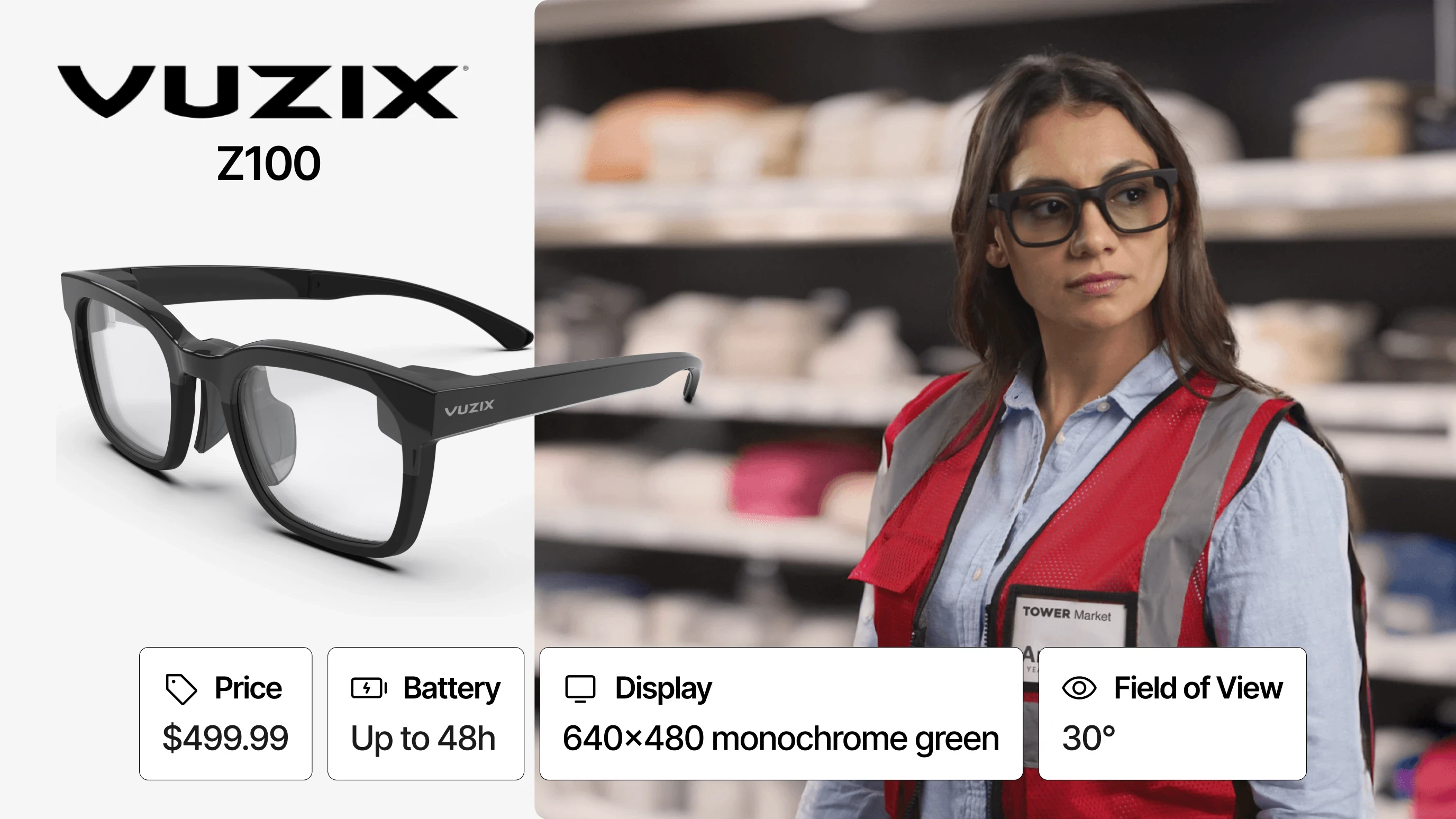 Vuzix Z100 glasses beside a worker wearing them in a warehouse, with feature tiles below.