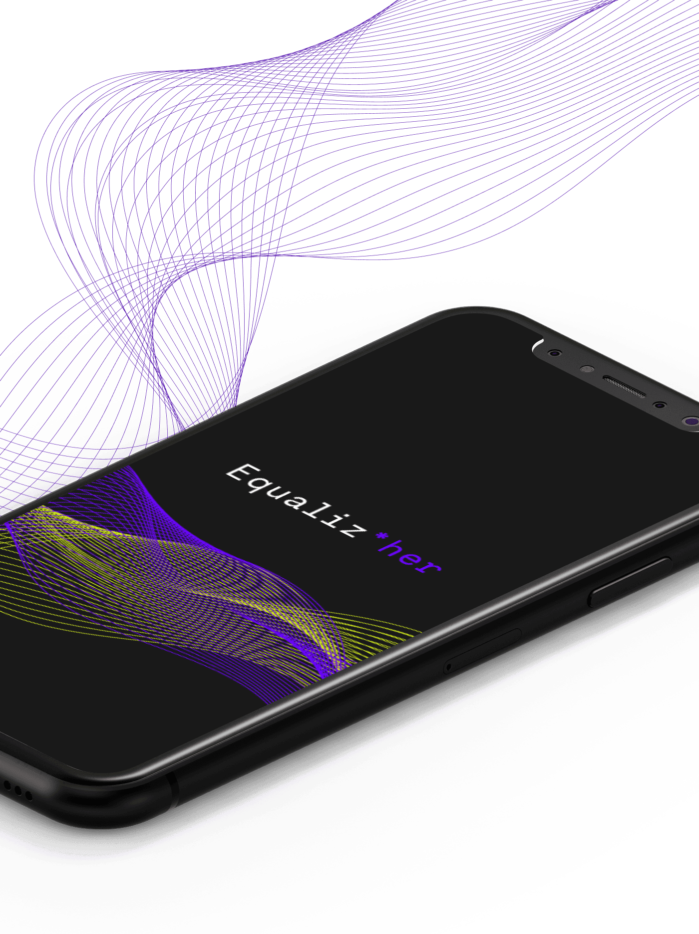 Smartphone showing the Equaliz*her app – black screen with typographic logo and dynamic purple and yellow line graphics; UX/UI design, art direction, and digital product design by Mareike Koch | Berlin
