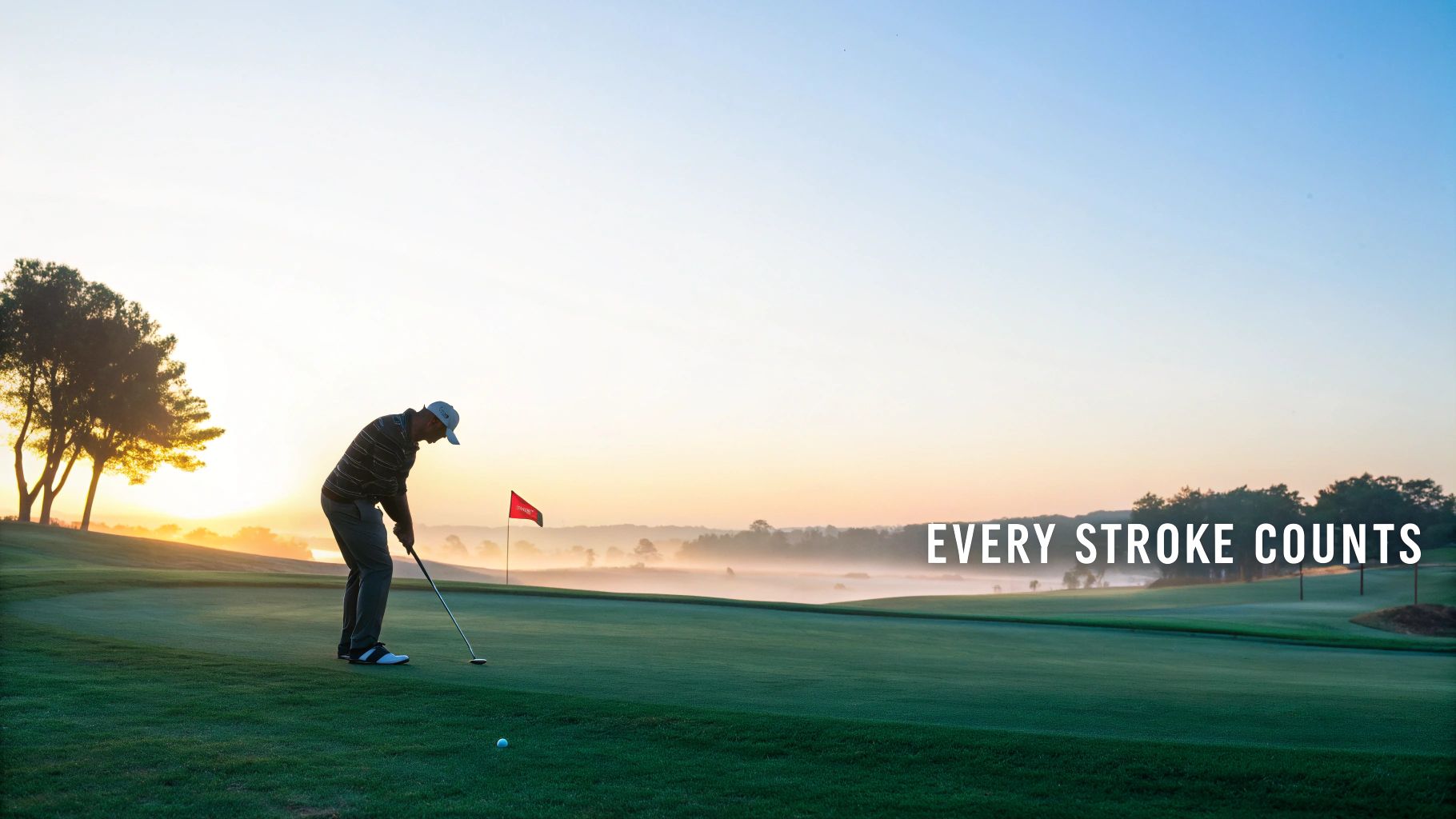 A golfer putts on a misty golf course green at sunrise, with a flagstick and a golf ball.