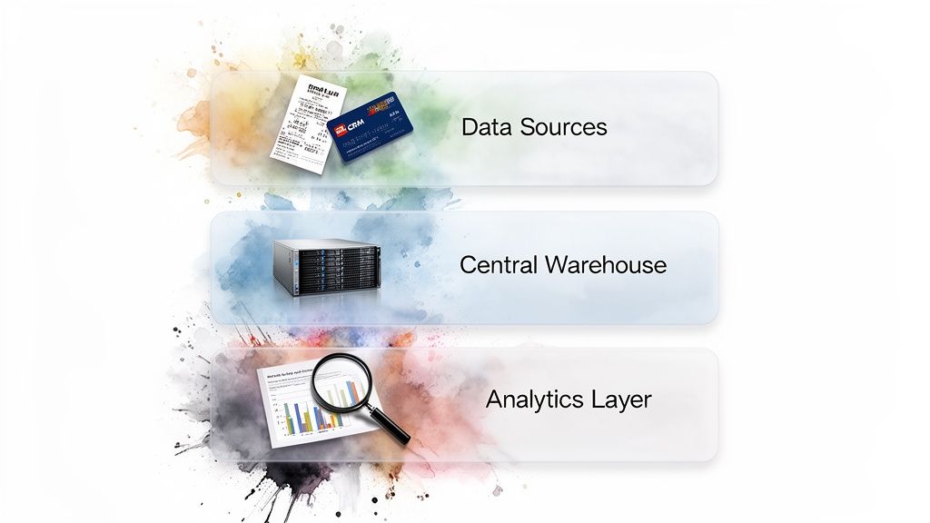 A diagram illustrating a three-layer data architecture: data sources, central warehouse, and analytics layer.