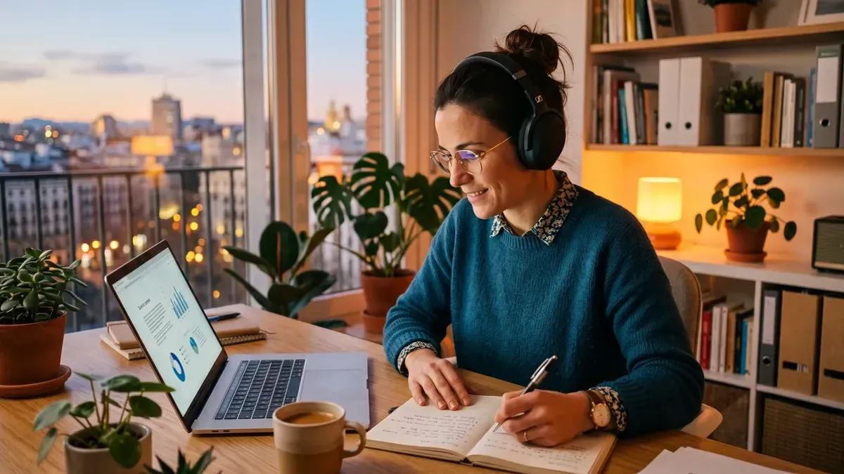 Profesional estudiando en su portátil con auriculares y una libreta en su escritorio al atardecer