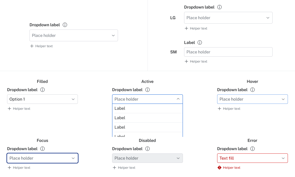 Estilo definida de lista suspensa, incluindo tamanhos (grande e pequeno) estados como hover, ativo, foco, desativado e erro.