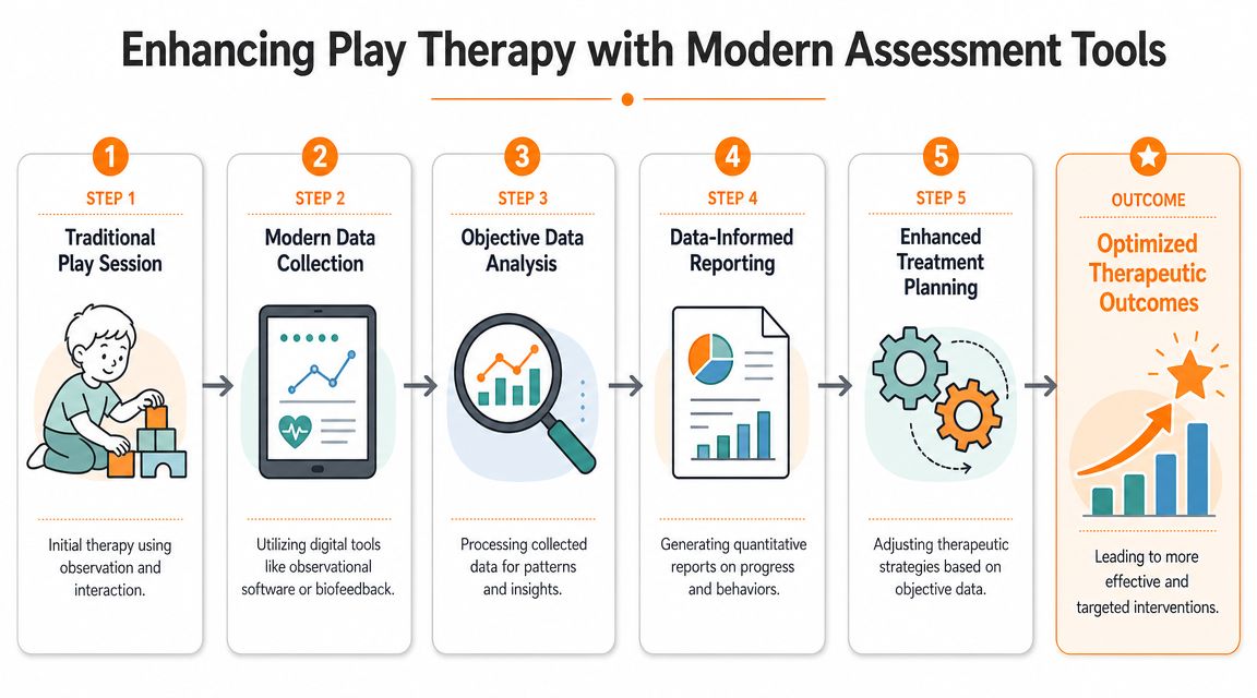 A five-step process diagram illustrating how modern assessment tools enhance traditional play therapy for better clinical outcomes.
