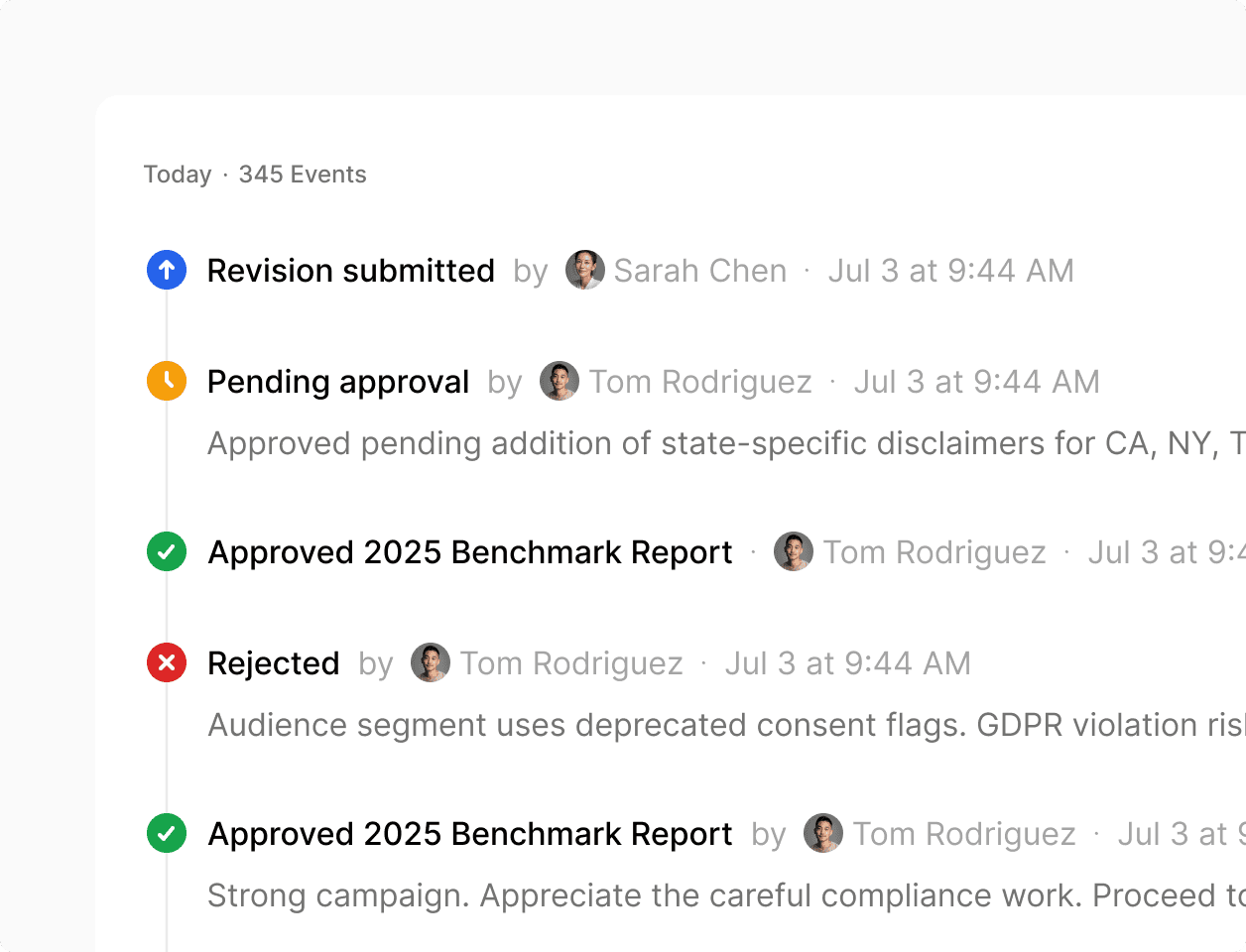 Timeline with events such as "Revision submitted", "Pending approval", "Approved", and "Rejected", alongside timestamps and icons, illustrating decision tracking in a workflow system.
