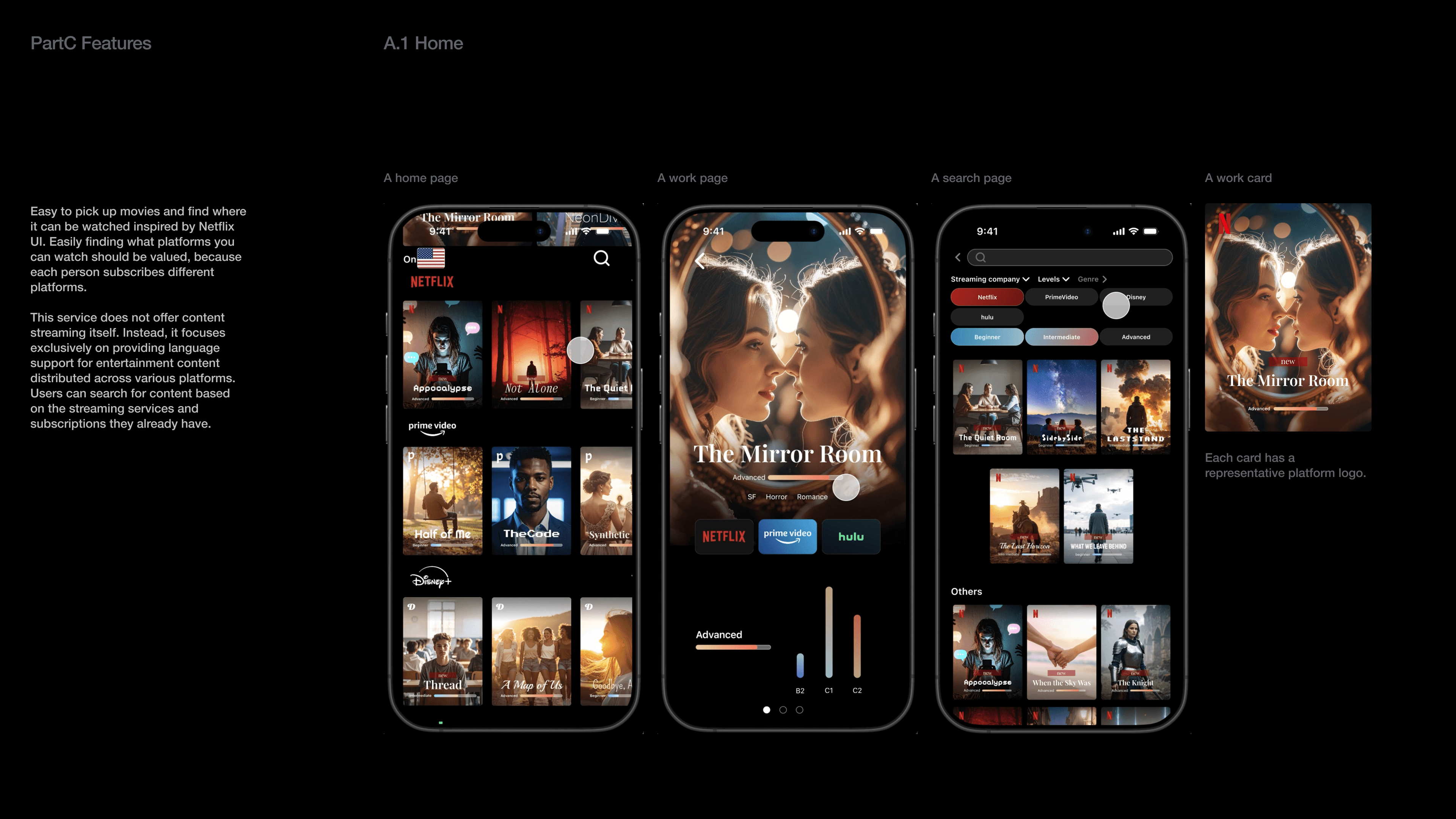 Easy to pick up movies and find where it can be watched inspired by Netflix UI. Easily finding what platforms you can watch should be valued, because each person subscribes different platforms.  This service does not offer content streaming itself. Instead, it focuses exclusively on providing language support for entertainment content distributed across various platforms. Users can search for content based on the streaming services and subscriptions they already have.