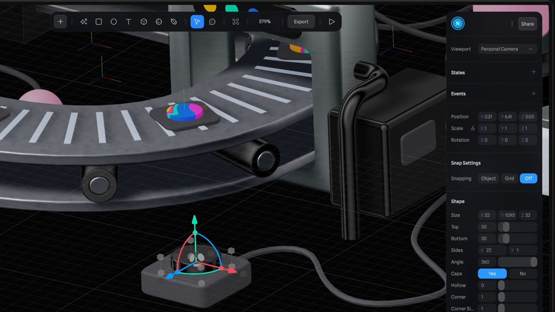 3D design interface showing conveyor setup and editing tools