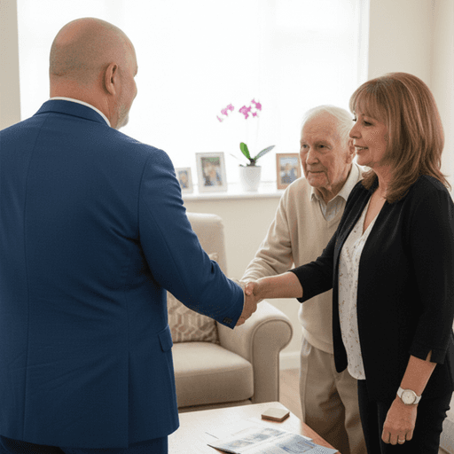 Male care manager greeting a male client and female family member with a handshake during a home visit.