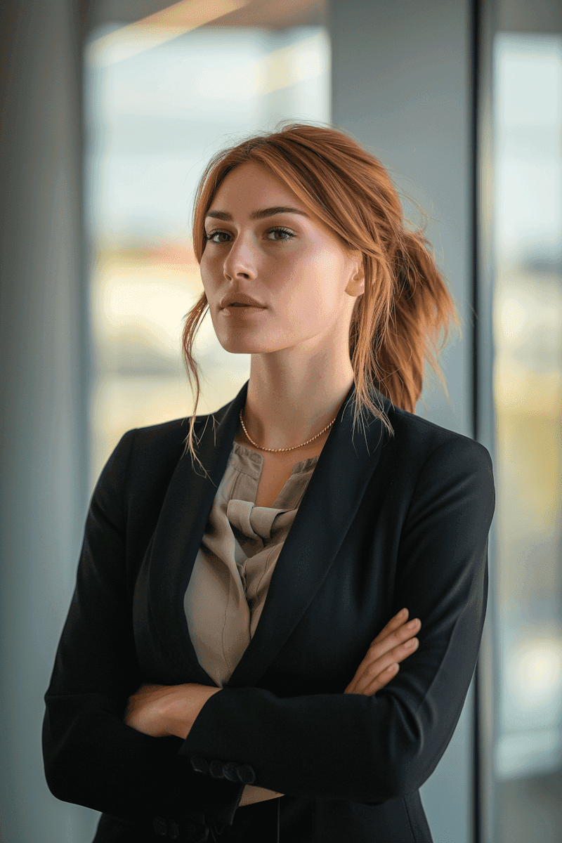  A woman in a business suit stands confidently with her arms crossed, exuding professionalism and authority.
