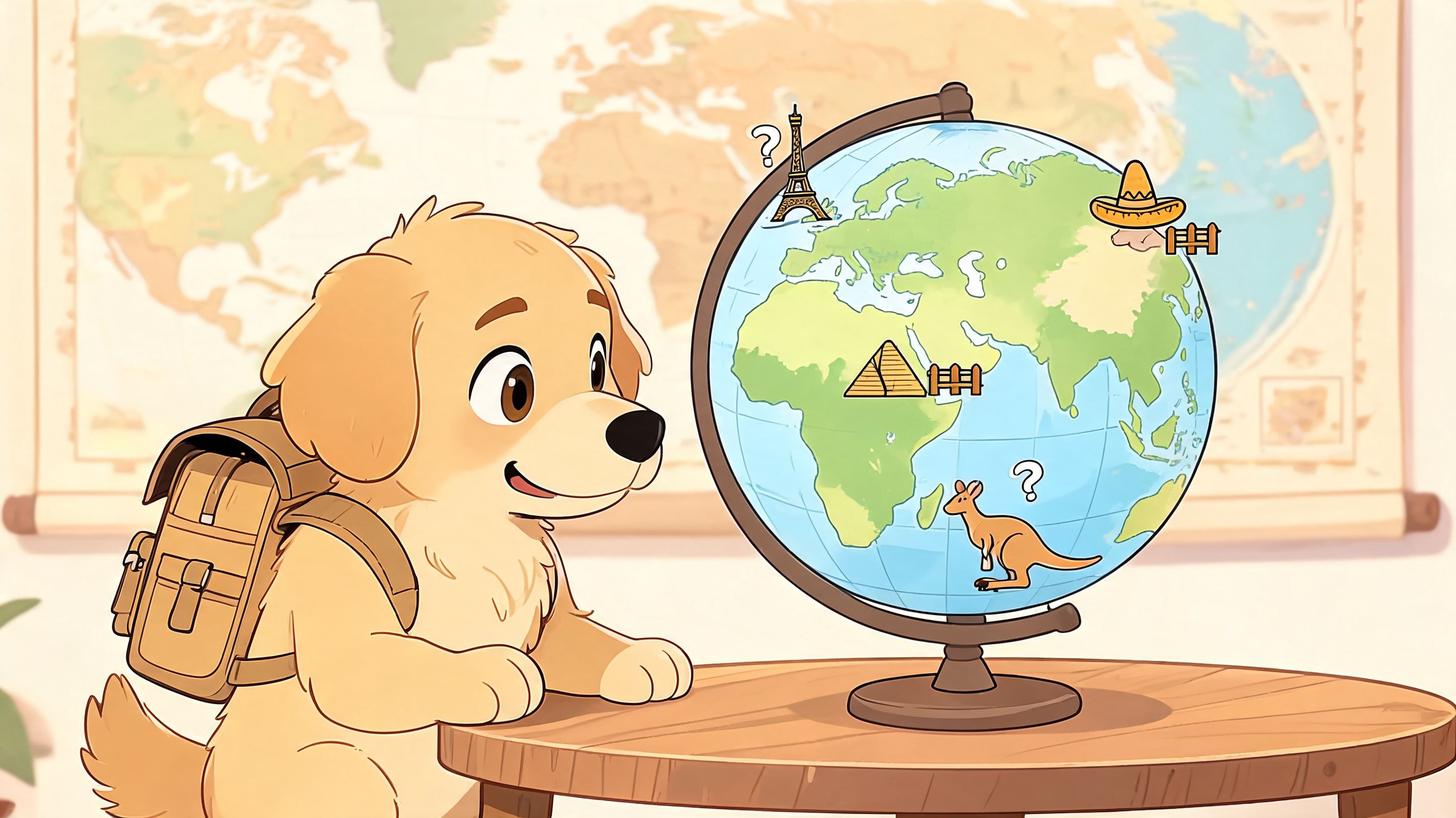 A cute cartoon golden retriever puppy wearing a backpack looks curiously at a globe on a table.