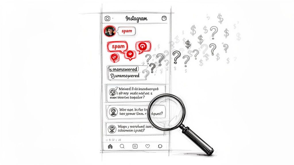 Sketch of Instagram interface showing spam comments, unanswered questions, dollar signs, and a magnifying glass.