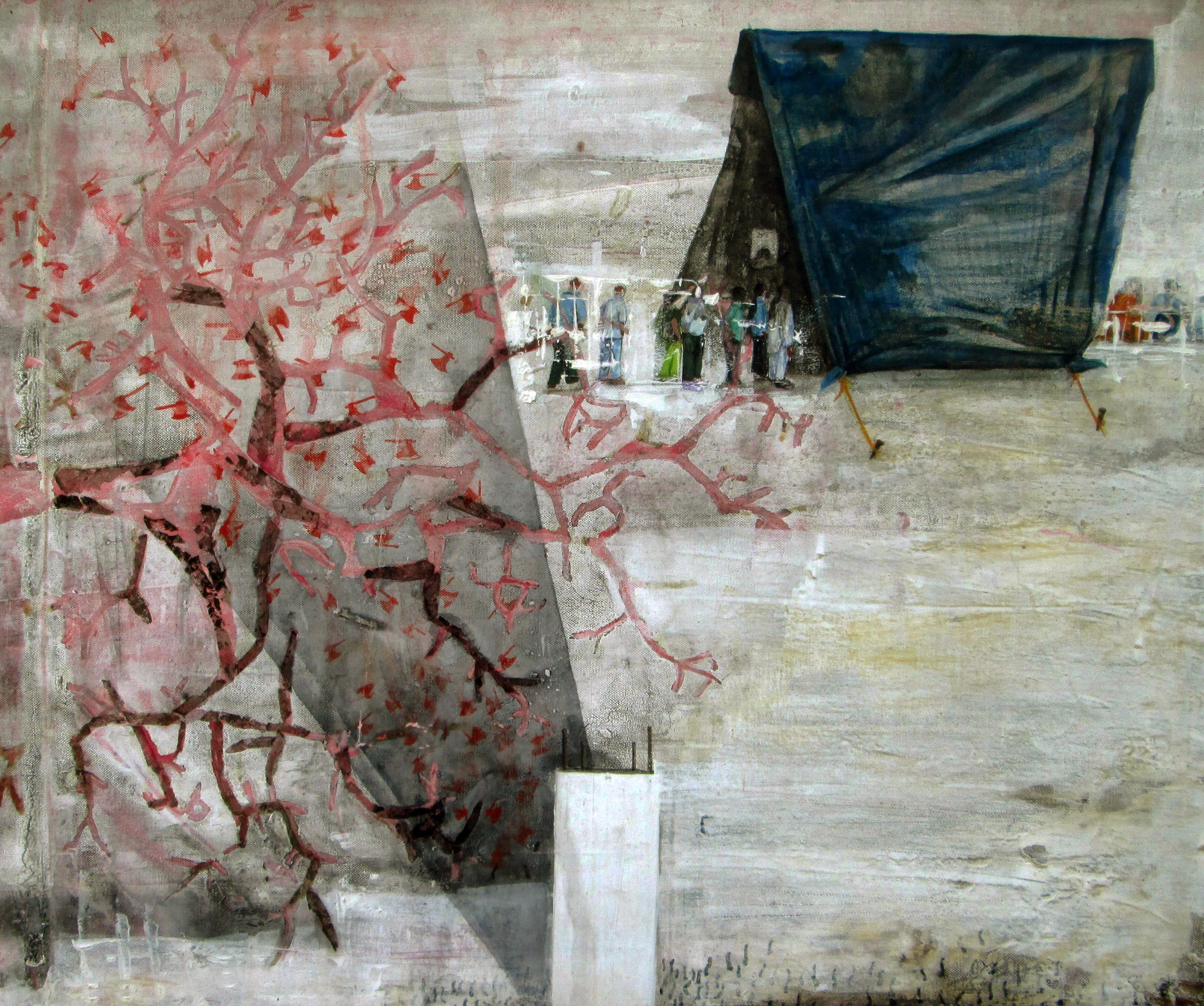 herd of sheep on road painting