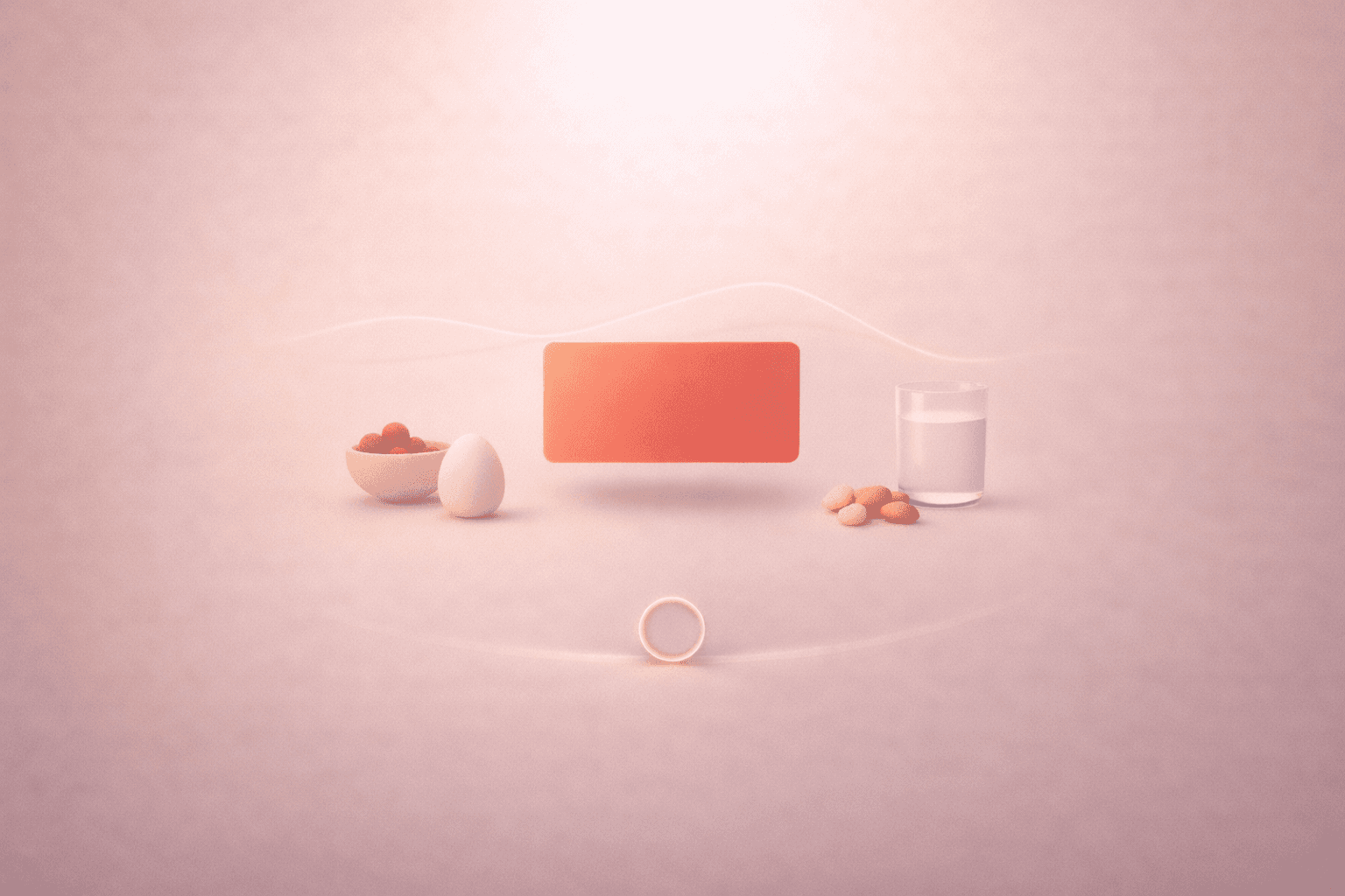 Minimalistische 3D-Illustration auf warmem cremebeigem Hintergrund mit einer schwebenden korallorangenen Fokus-Karte in der Mitte, umgeben von stilisierten Symbolen für Beeren in einer Schale, einem Ei, Nüssen und einem Glas Wasser sowie einem kleinen Timer-Ring unten als Hinweis auf strukturierte Arbeitszeit.