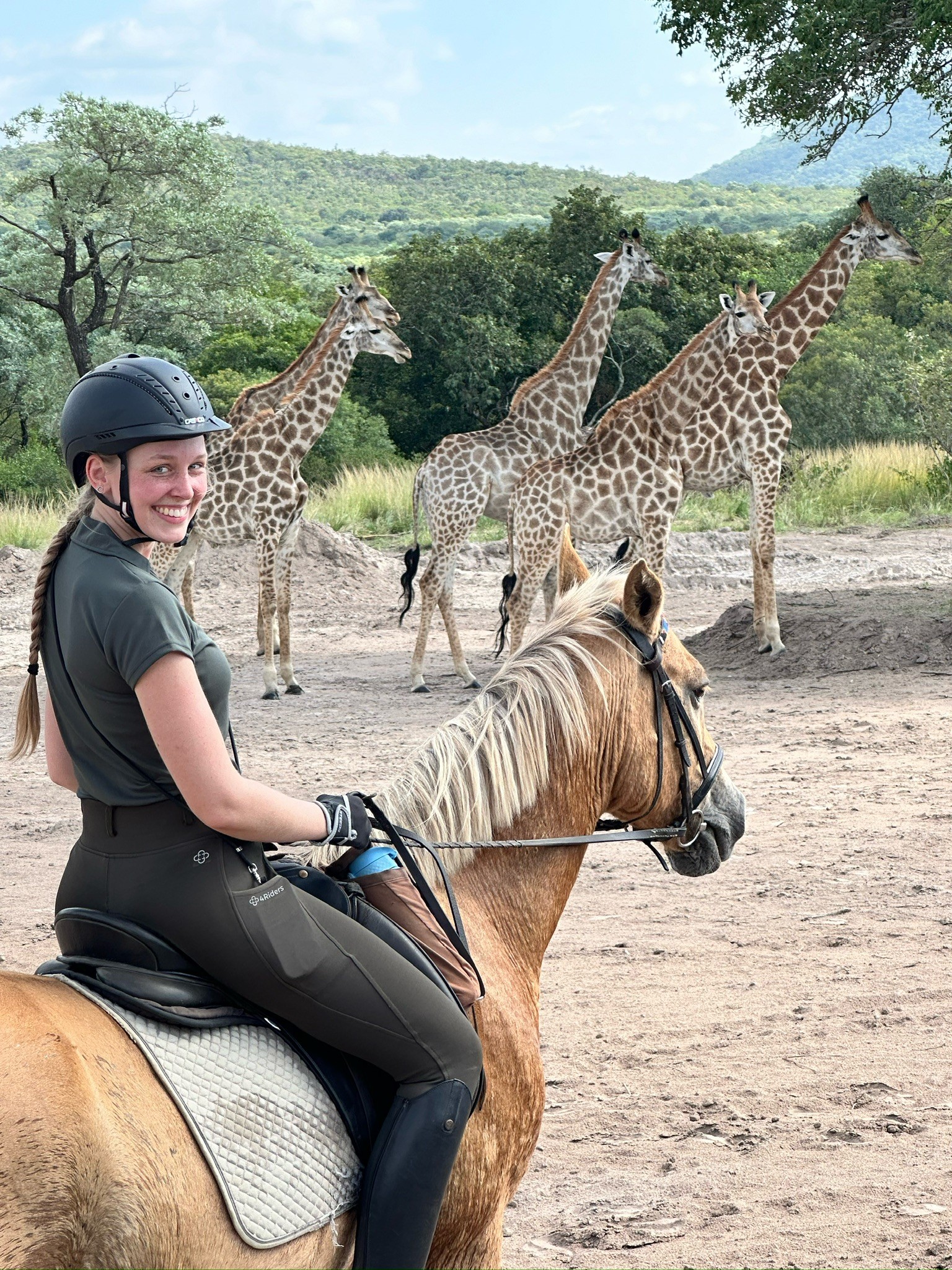 Kilimanjaro Elephant Ride, Arusha National Park, Tanzania – elefant i högt gräs tittar mot kameran, medan fem ryttare till häst på ridsafari i bakgrunden betraktar elefanten i ett grönt och frodigt landskap.