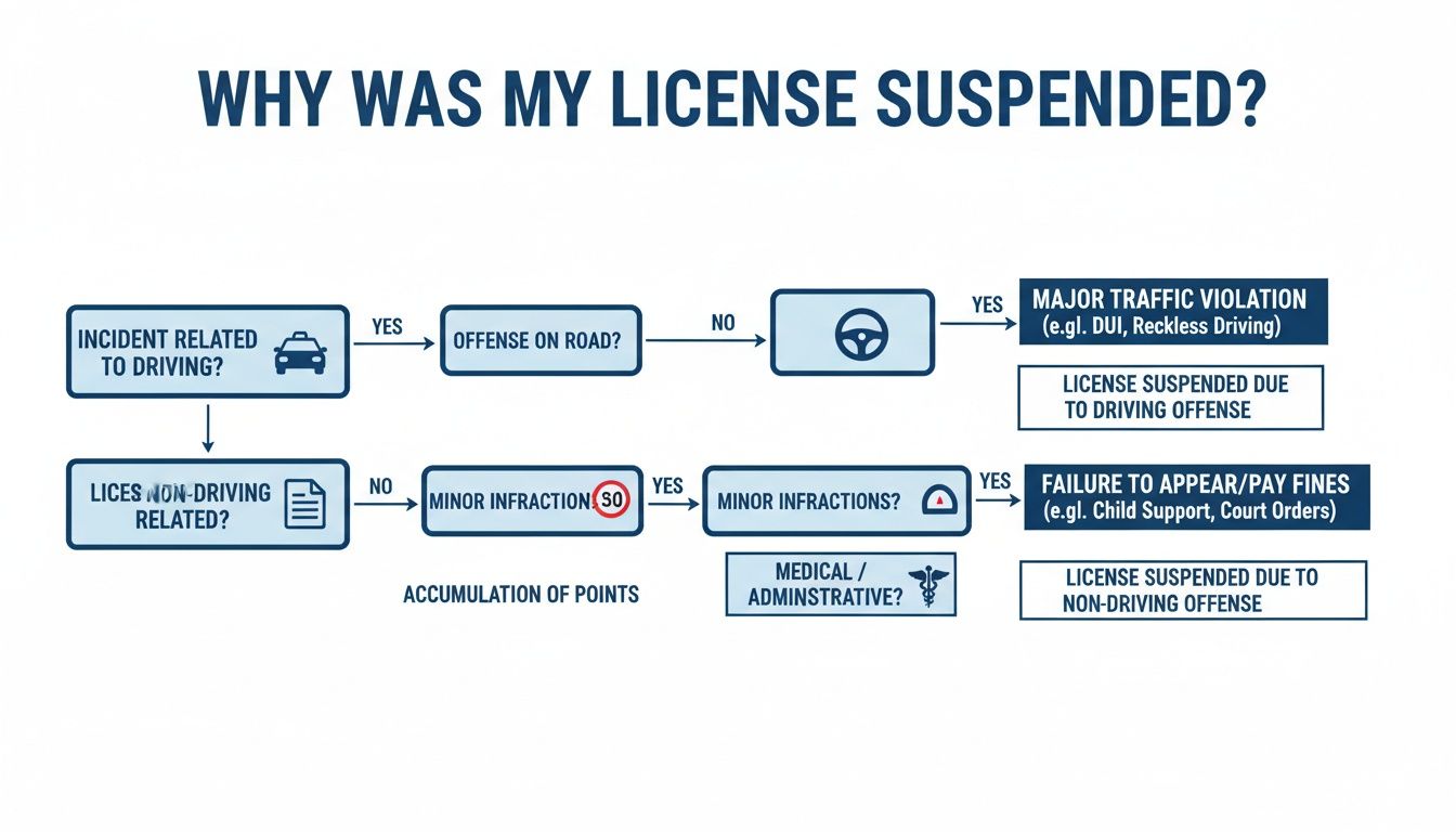 Flowchart illustrating reasons for license suspension, categorized by driving-related offenses and non-driving infractions.