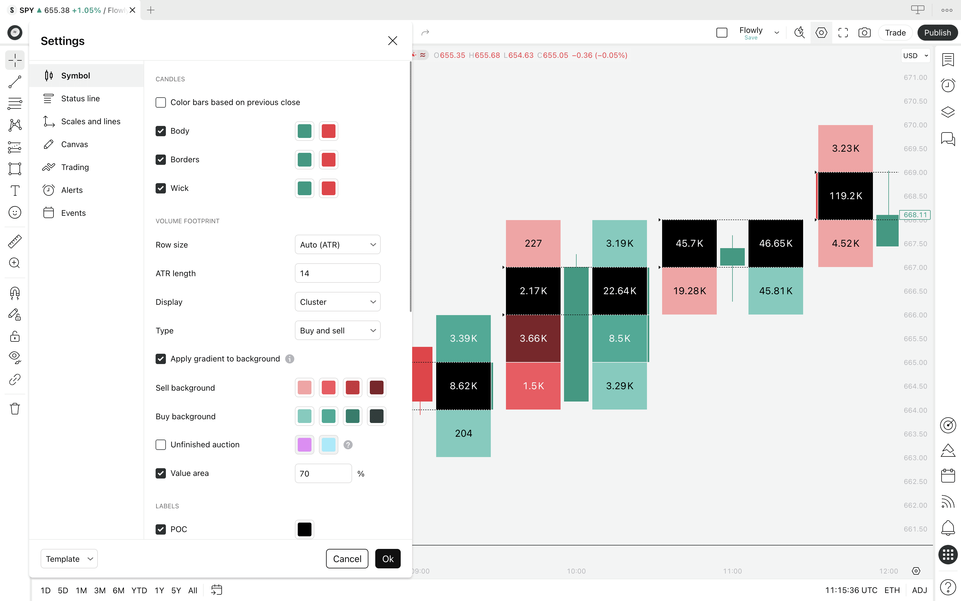 An illustration showing TradingView Volume Footprint settings menu.