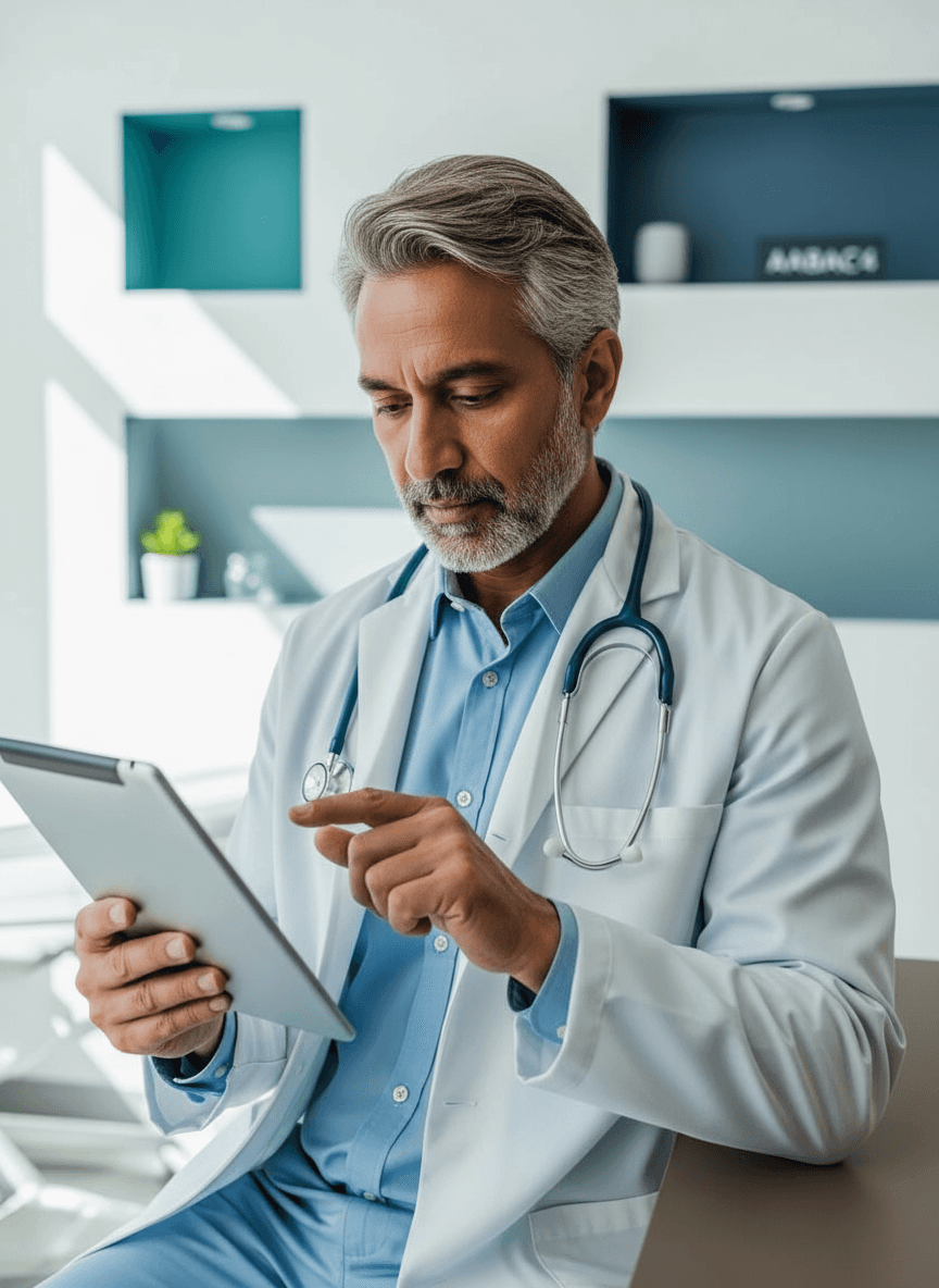 A friendly alt text for this image could be: "A professional male doctor with gray hair and a stethoscope reviews information on a digital tablet in a modern clinic setting, looking focused and attentive."