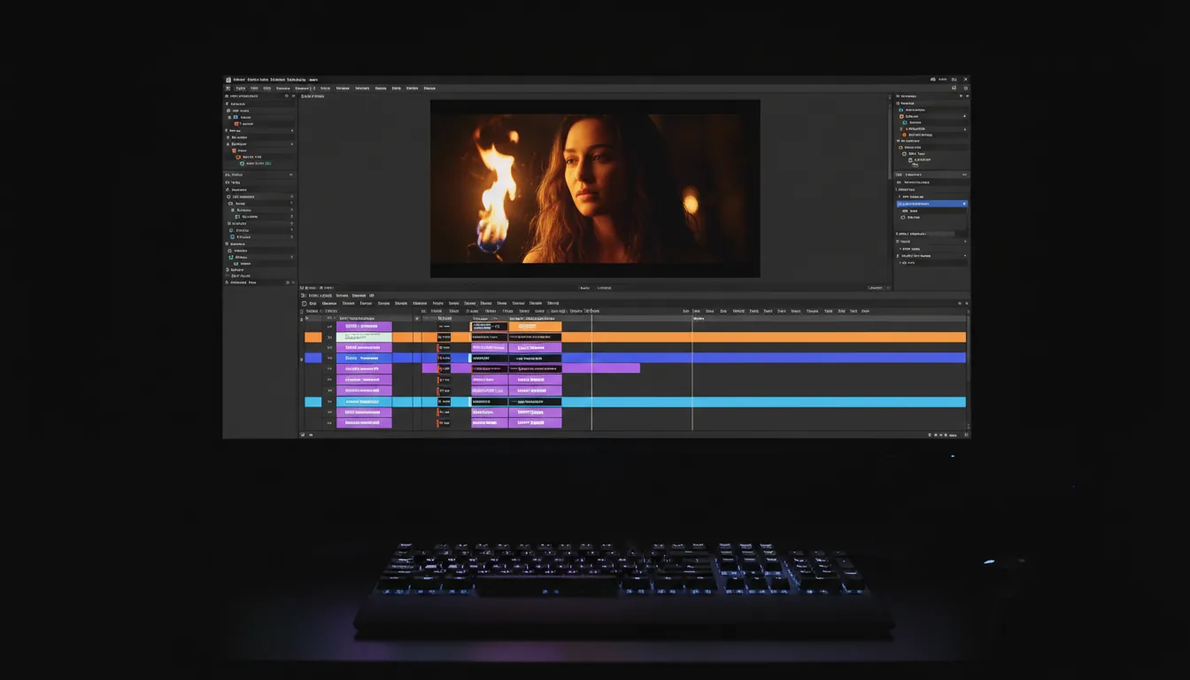 DSLR photo of the DaVinci Resolve video editing software running on a large monitor in a pitch-black room. The interface is in Modern Dark Mode, featuring a central preview pane showing a cinematic clip of a woman lit by a warm, golden flame, and a complex multi-track timeline below with vibrant purple and blue video clips. The screen is the primary light source, creating a dramatic, cinematic contrast. In the foreground, a sleek black keyboard with white backlighting rests on the desk, its keys faintly illuminated. Sharp focus on the screen and keyboard against a pure black background.