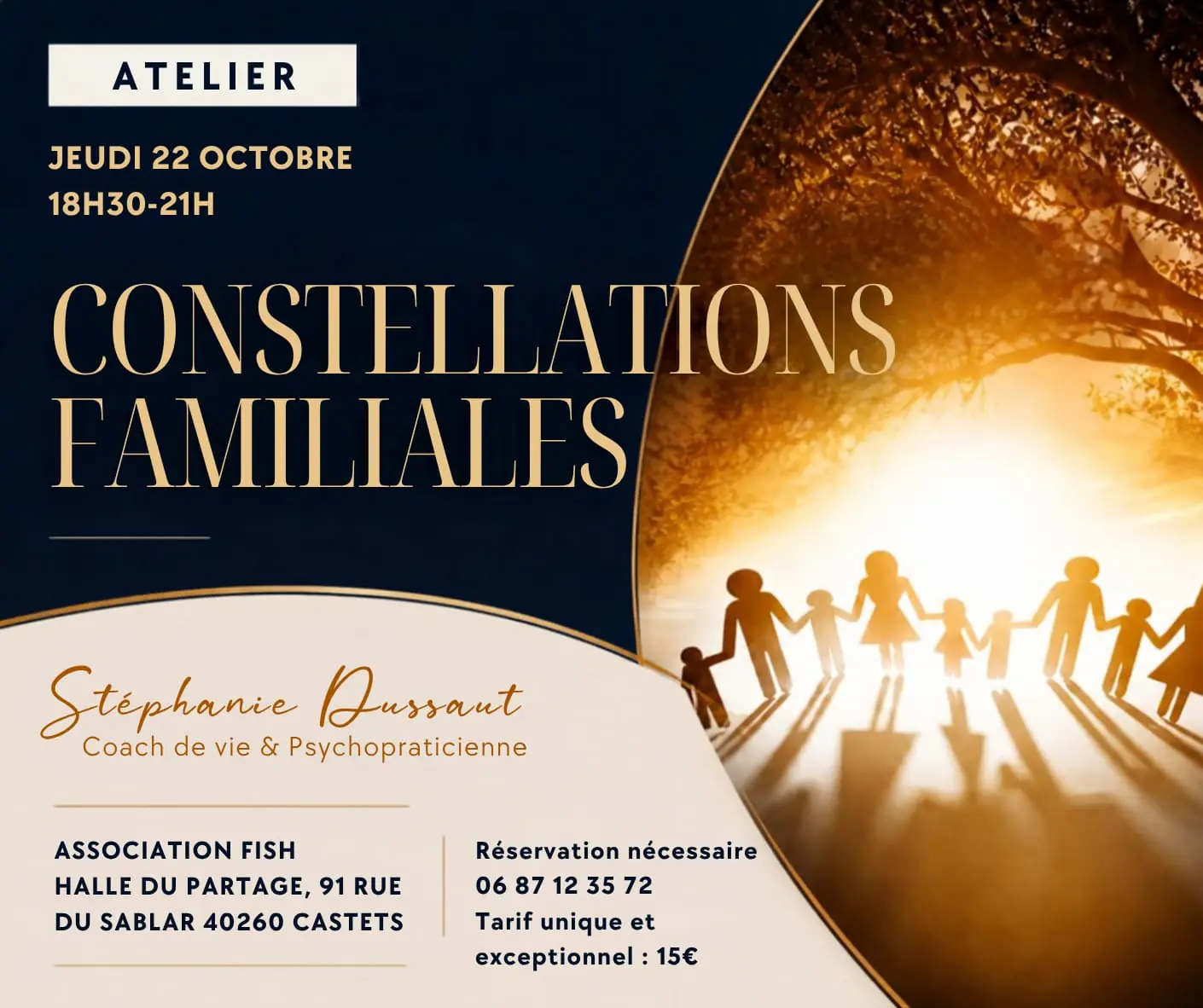 Affiche de l’atelier Constellations familiales animé par Stéphanie Dussaut à Castets le 22 octobre 2026