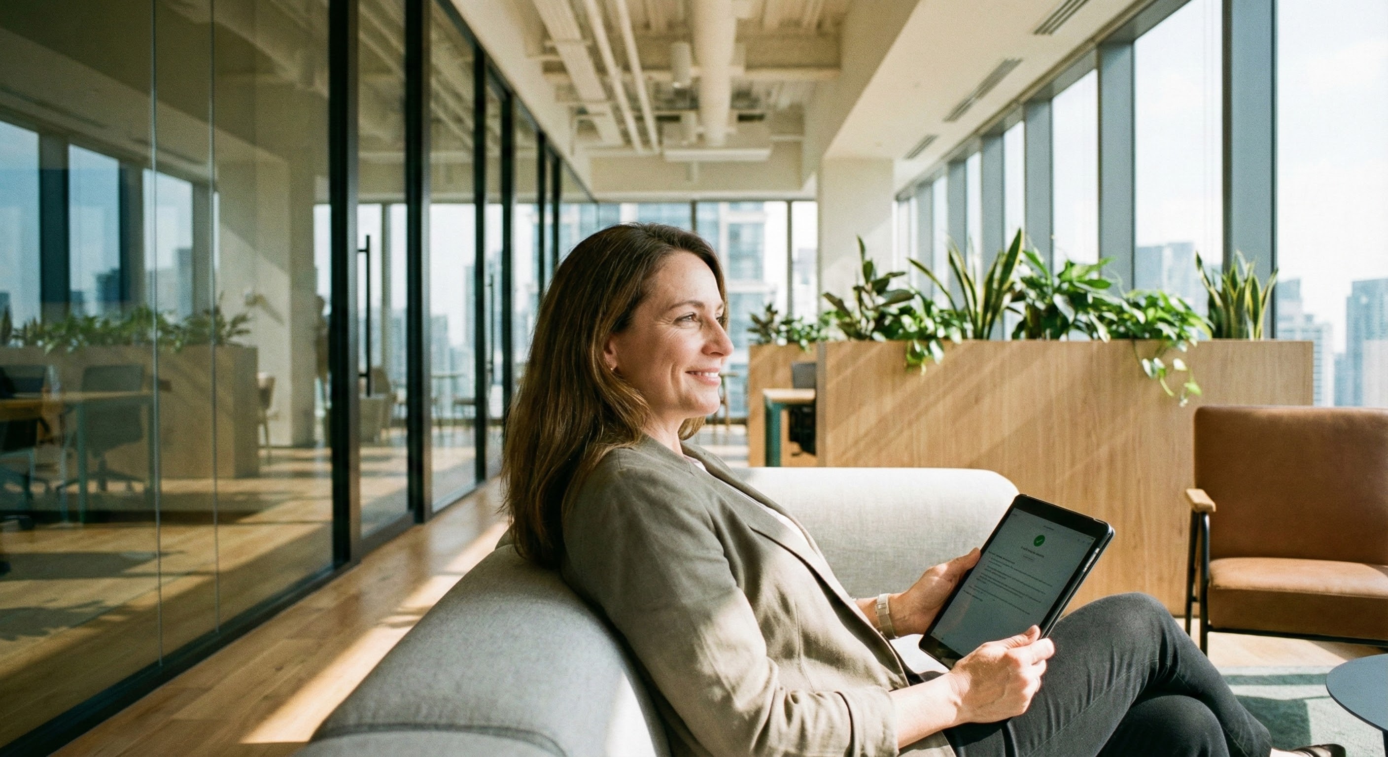 Person liest Informationen zu einem Background Check auf einem Tablet in einem modernen Büro.
