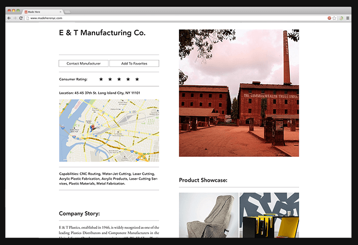 A screenshot of a website for E & T Manufacturing Co., a company established in 1946, located in Long Island City, NY. The page displays a map of the Long Island City area, a photo of the company’s red brick building, and sections for contacting the manufacturer, adding favorites, consumer ratings, and product showcase. The company story section provides information about E & T Plastics.