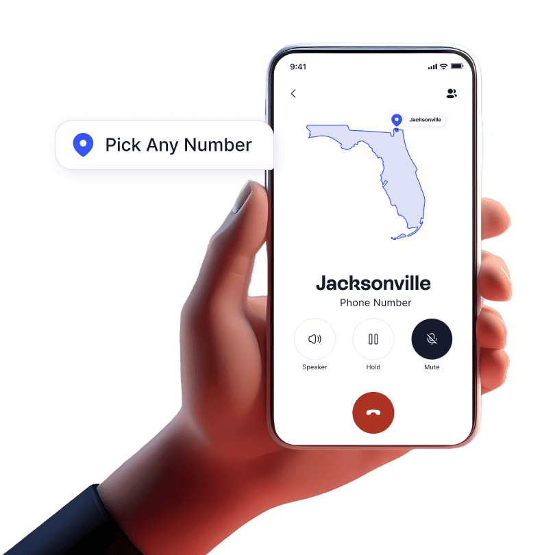 Jacksonville shown on a map with location pin and area code displayed, indicating a local business number on LinkedPhone.