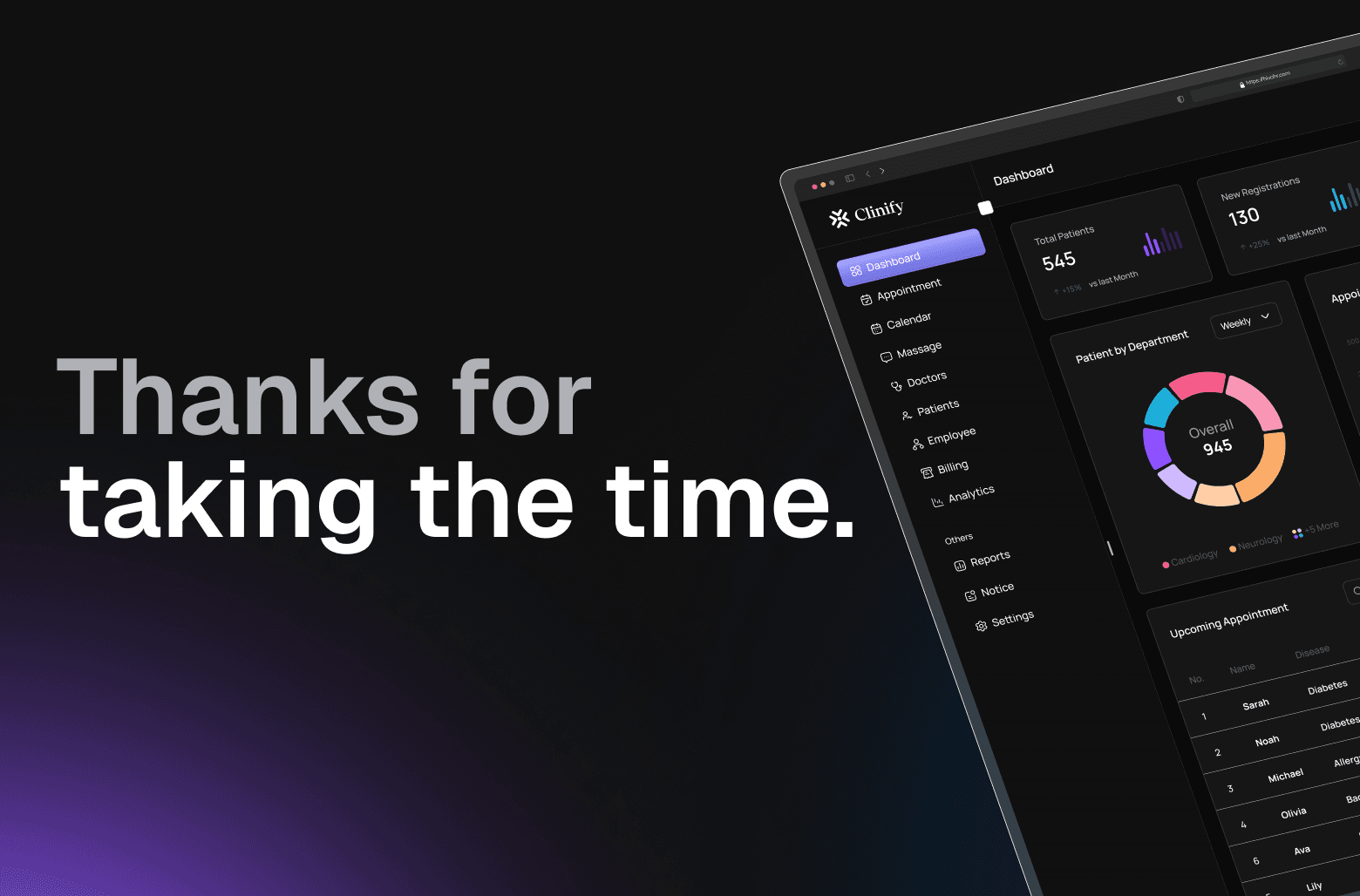 Clinify dashboard thank you screen