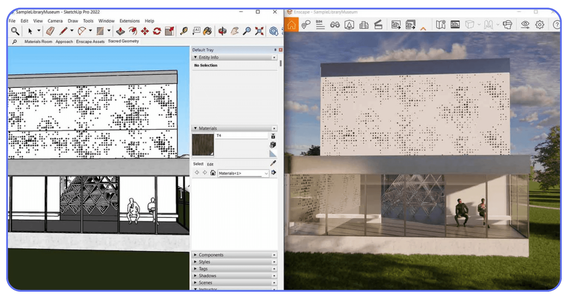 Side-by-side view showing a SketchUp model of a perforated façade on the left and the fully rendered Enscape visualization of the same building on the right.