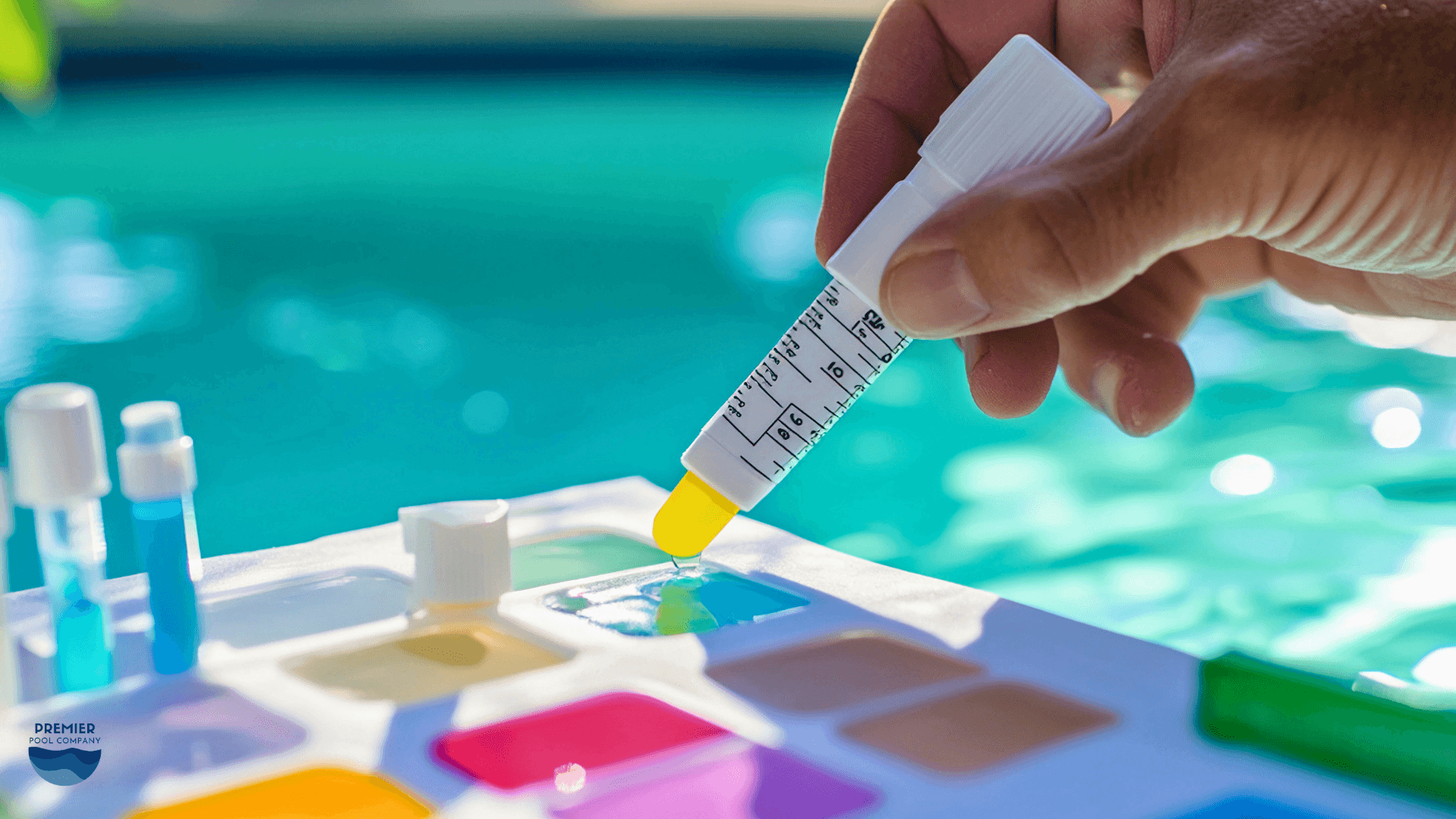 Pool technician testing water chemistry to illustrate annual maintenance and long-term liner replacement costs for vinyl pools