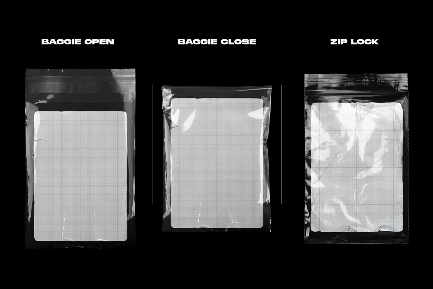 Trading card case mockups plastic baggie open closed and zip lock packaging