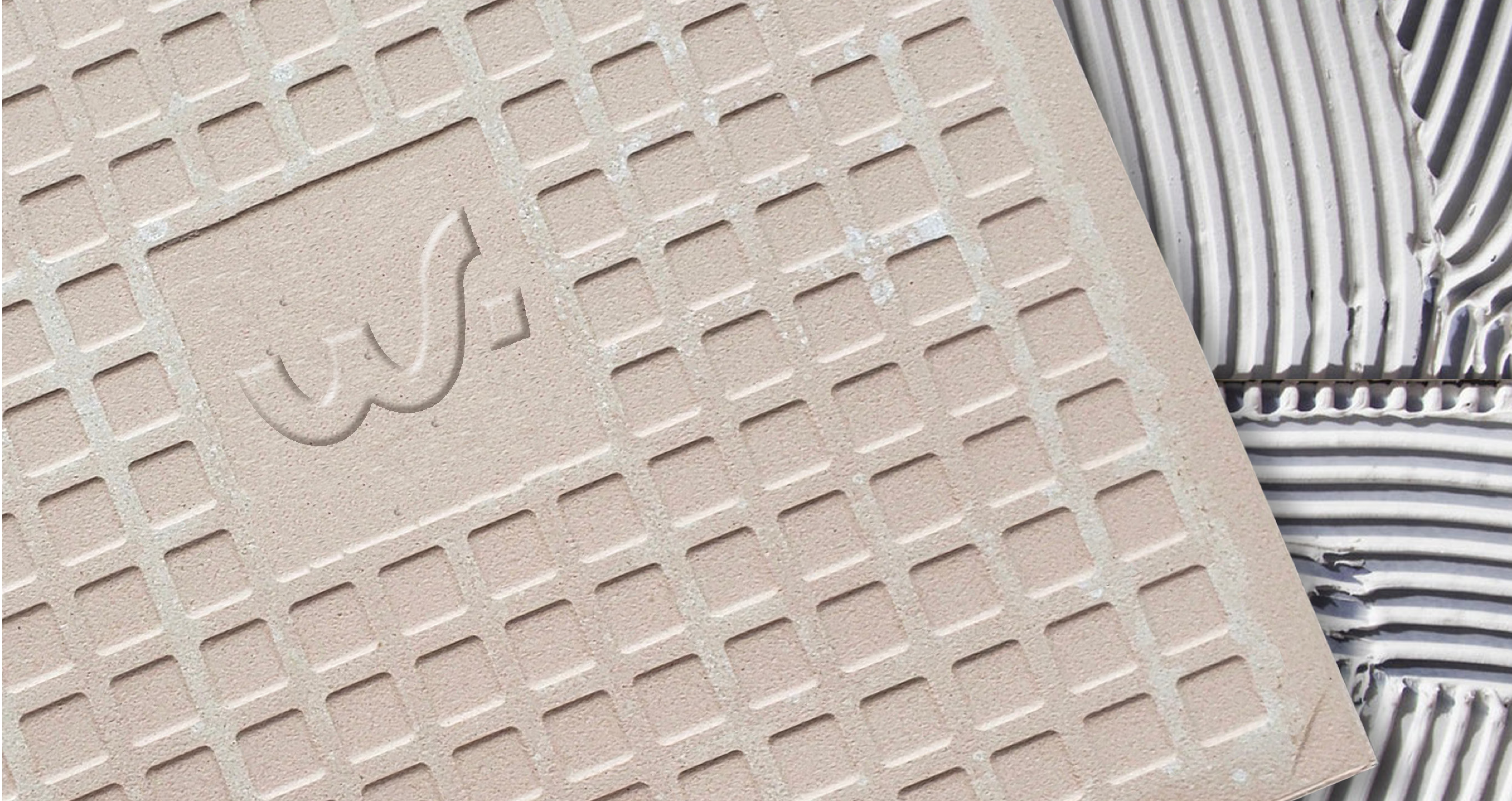 Embossed Wurface symbol on a textured back tile referencing tile craftsmanship.