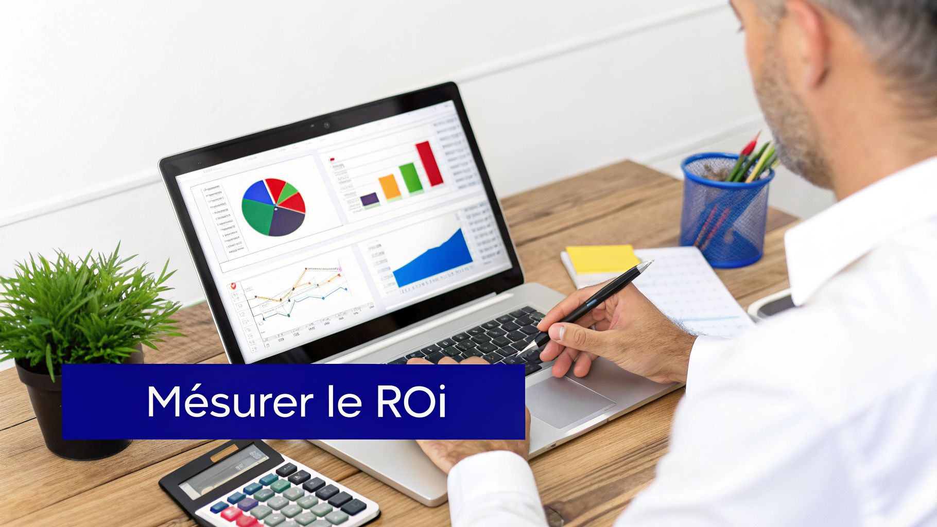 Un professionnel mesure le retour sur investissement (ROI) en examinant des tableaux de bord sur son ordinateur portable.