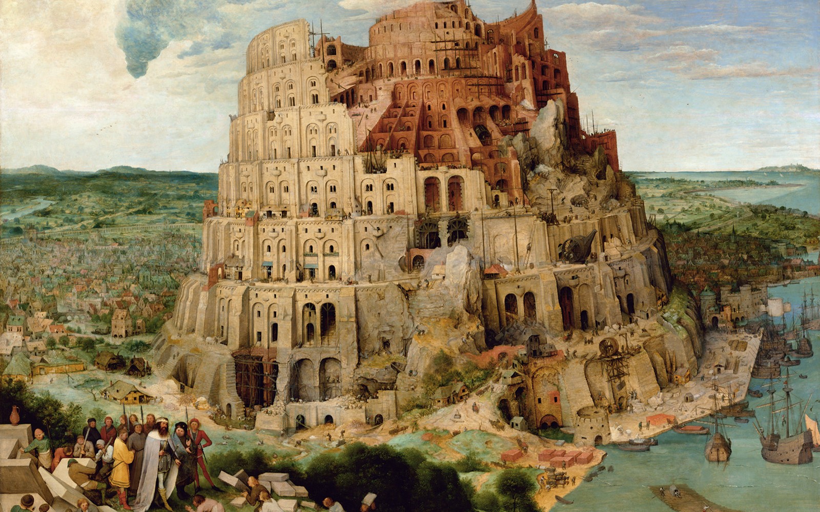 Lukisan Menara Babel di Museum Sejarah Seni, Wina, menggambarkan struktur spiral besar.