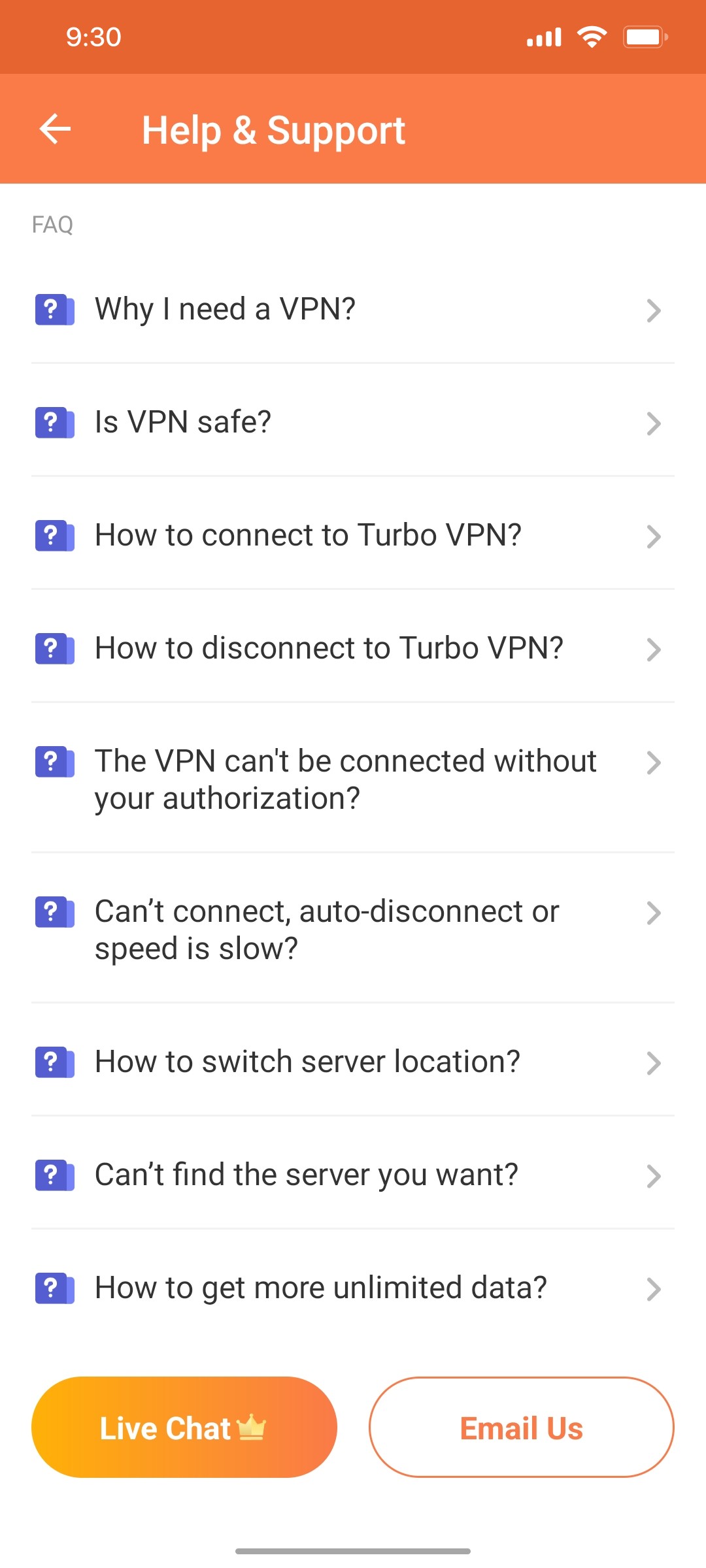 turbo vpn Help & support screen