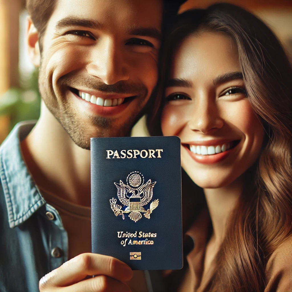 A close-up image of a happy couple holding a passport with a visible K1 visa, representing the successful completion of the K1 visa process.