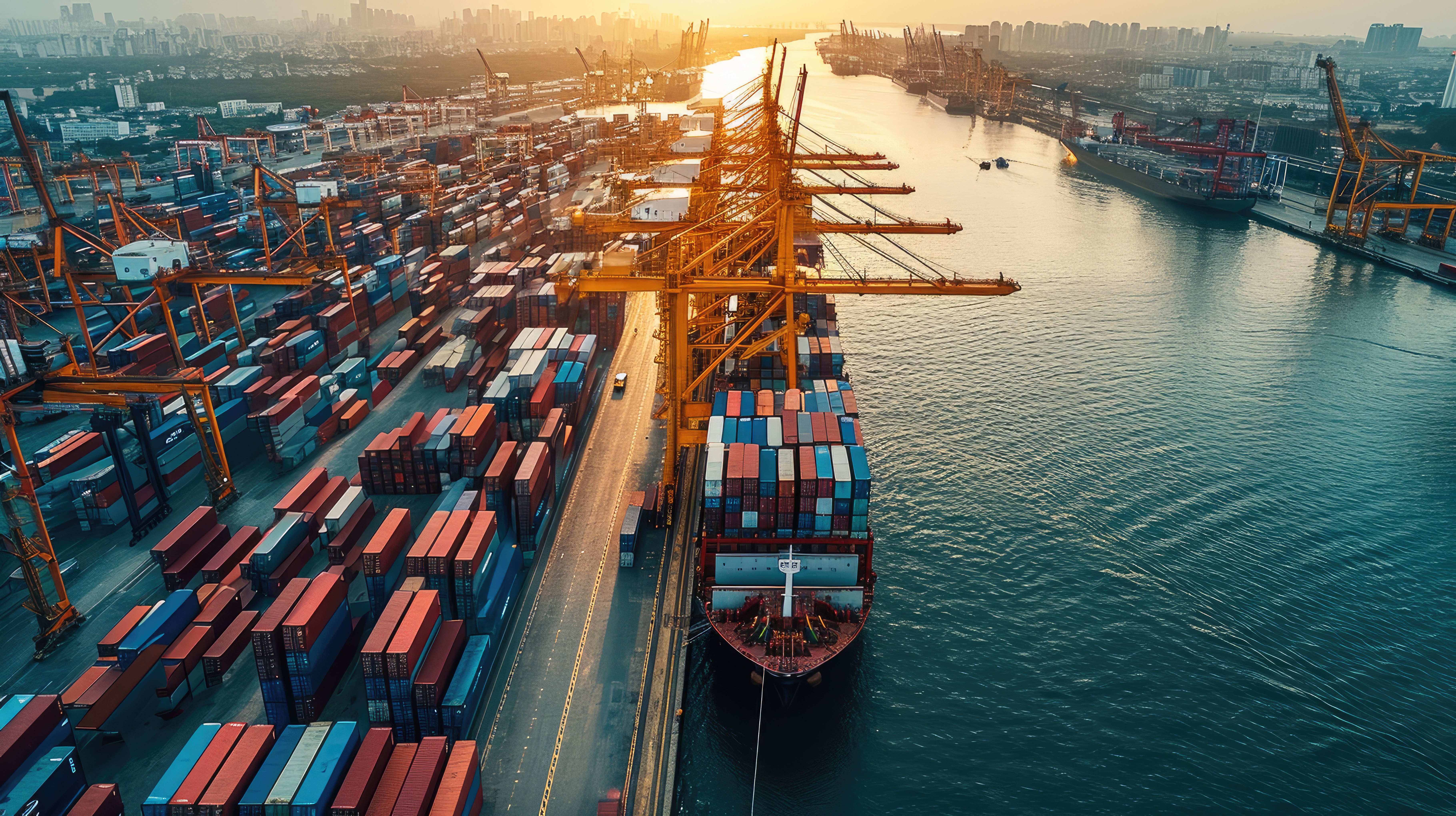 Image of a ship docked and being loaded with containers.