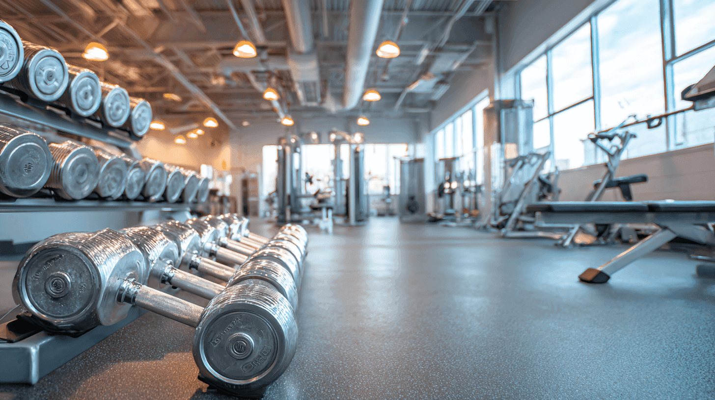 Modern gym interior with sparkling clean equipment, morning light reflecting off sanitized dumbbells and machines, pristine rubber flooring, member wiping down equipment, professional fitness facility | 2LM Cleaning Utah