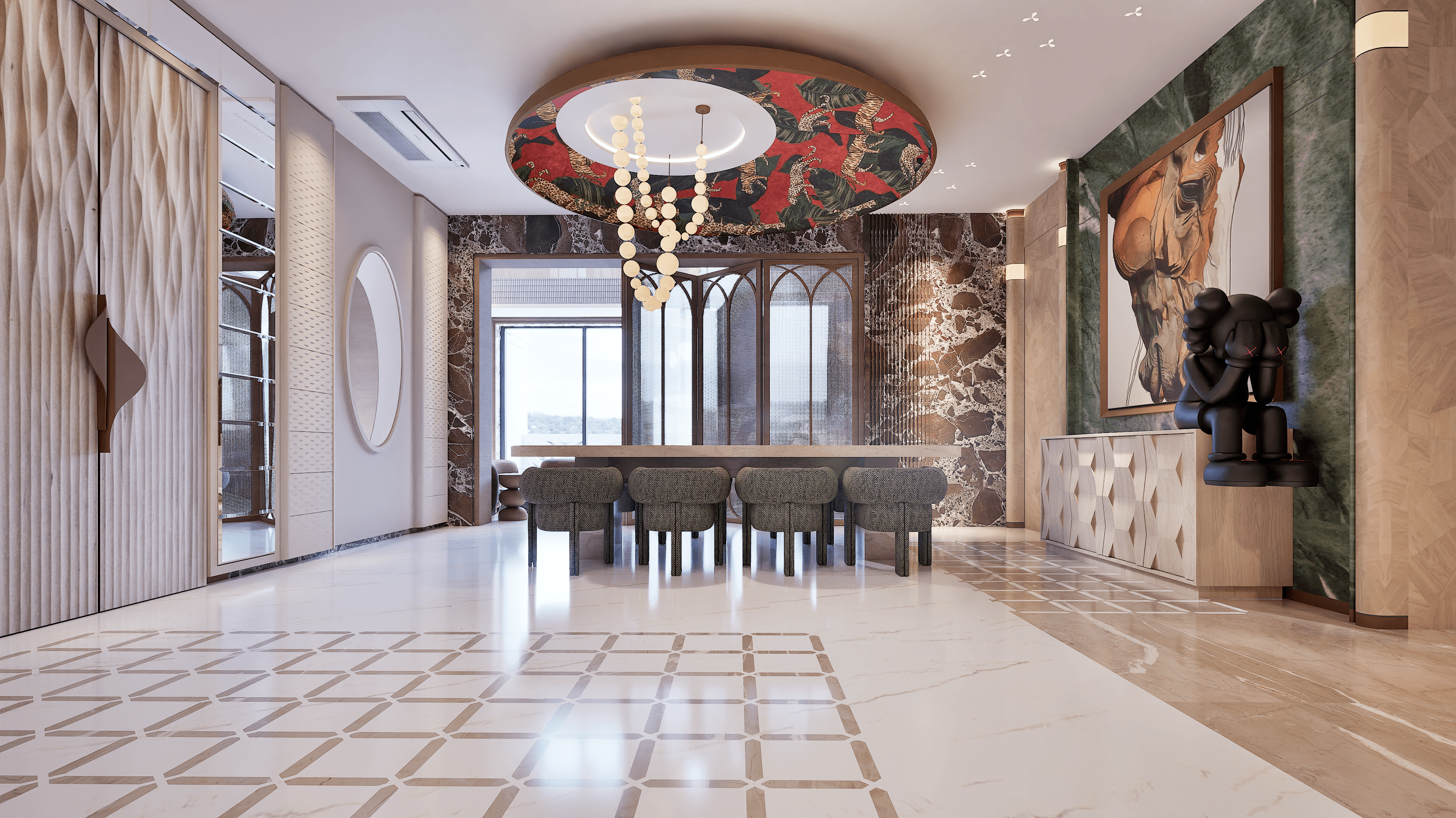 Background image featuring a modern interior design space for the testimonial Card
