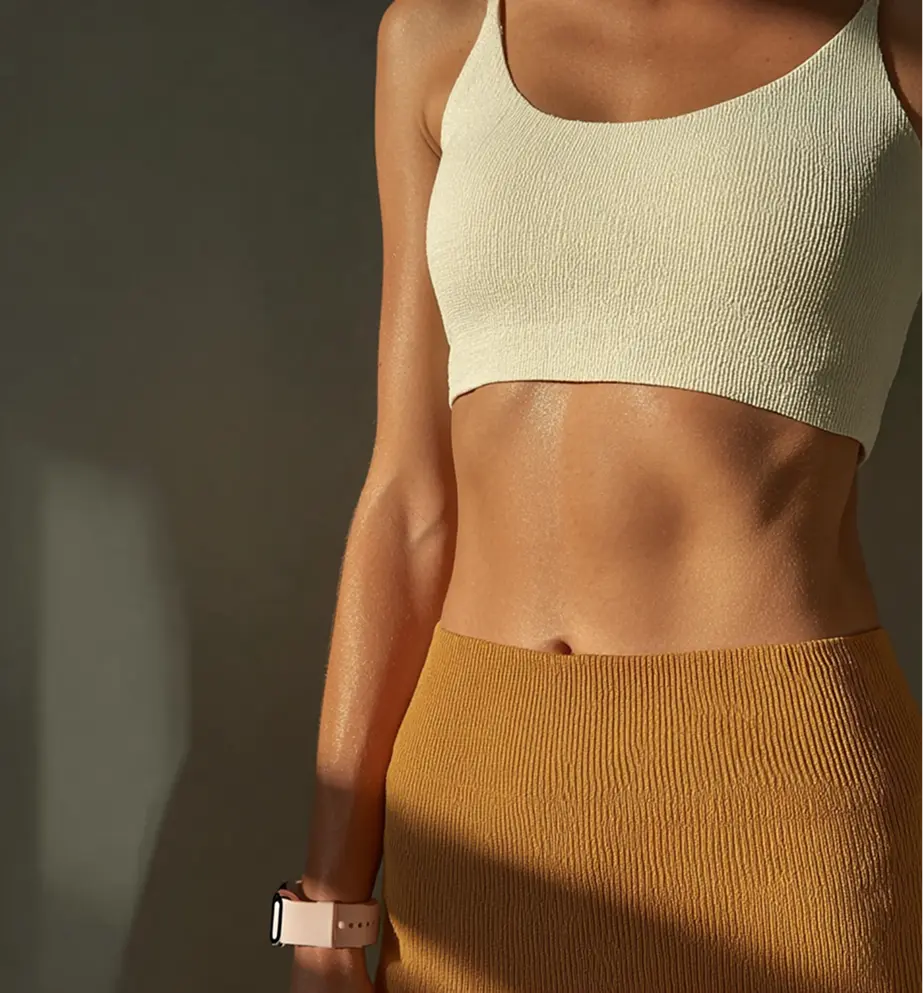 Close-up of a person’s torso in warm natural light, wearing a textured cropped top and ribbed skirt, with soft shadows emphasizing the body’s shape.