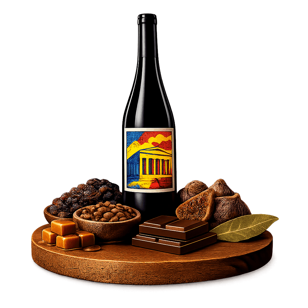 Artistic label and flavor profile for Greek Mavrodaphne Sweet Red on a rustic wooden table.