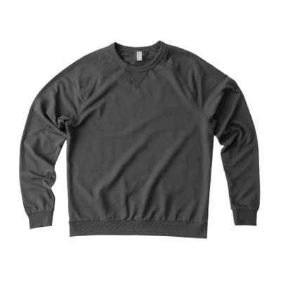 Dark gray crew neck sweatshirt, comfortable casual wear, long sleeves.