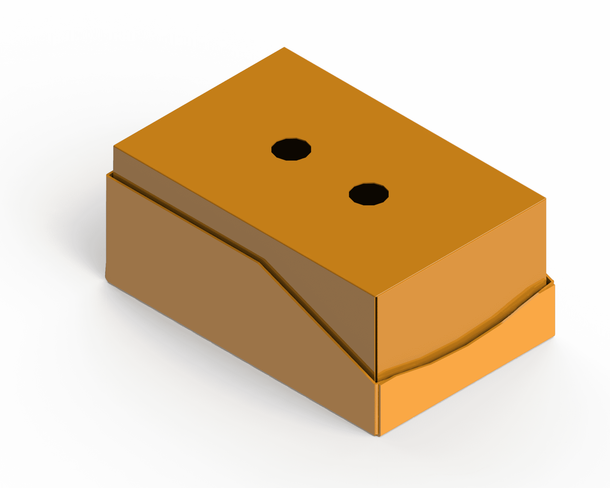 3D-Modell, orangefarbener Quader mit abgewinkelter Seite und Löchern. Design-Konzept.