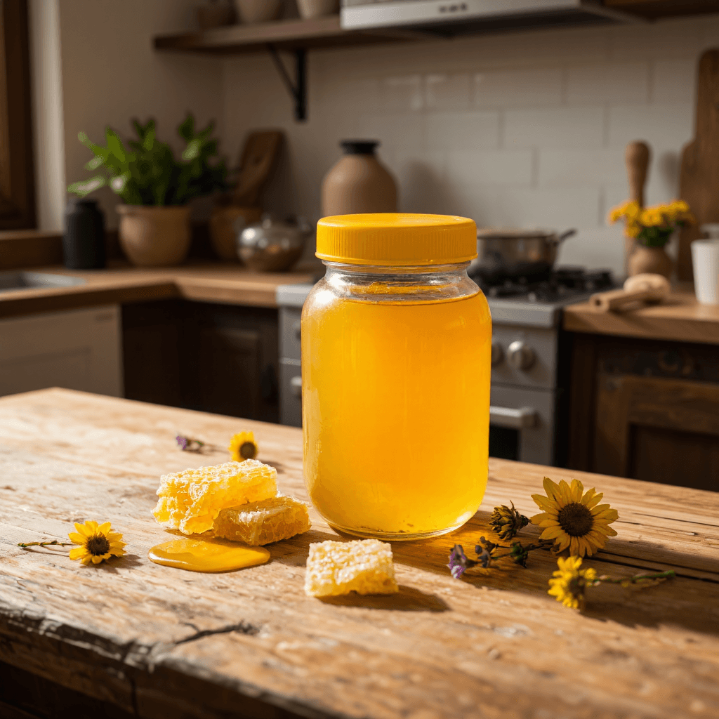 product photography of a glass jar with a yellow lid, typically used for storing food or ingredients